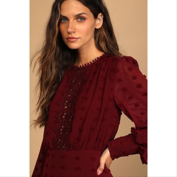 NWT Lust or Love Wine Red Embroidered Lace Long Sleeve Dress Medium - Picture 4 of 12